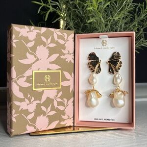 House of Harlow 1960 Gold Leaf Pearl Drop Earrings Gift Boxed NWT